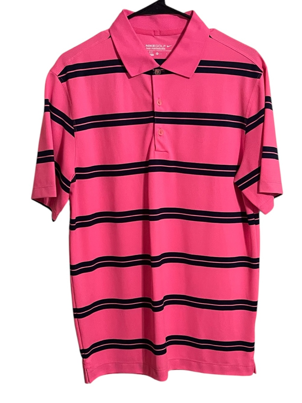 NIKE GOLF TOUR PERFORMANCE DRI FIT PINK/BLACK STRIPED POLO SZ MED EUC